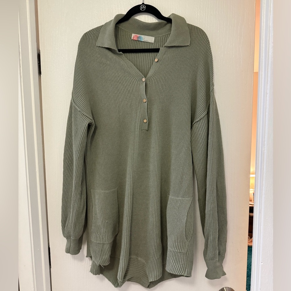 Free People Relaxed Olive Green Ribbed Polo Lounge Romper
